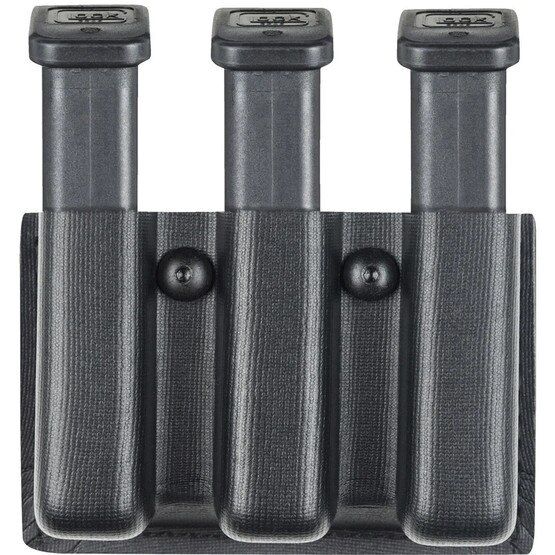 Safariland Model 75 slim open top triple magazine pouch holds two Glock 17/22 pattern magazines and features Tactical Black finish.